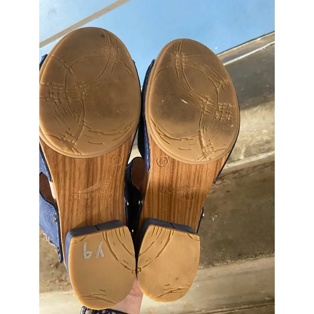 Dansko Minka navy blue nubuck leather ankle strap platform sandal w/ block heel